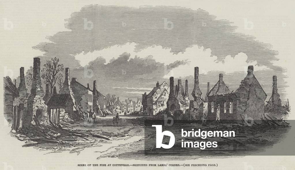 Scene of the Fire at Cottenham, sketched from Lambs' Corner (engraving)
