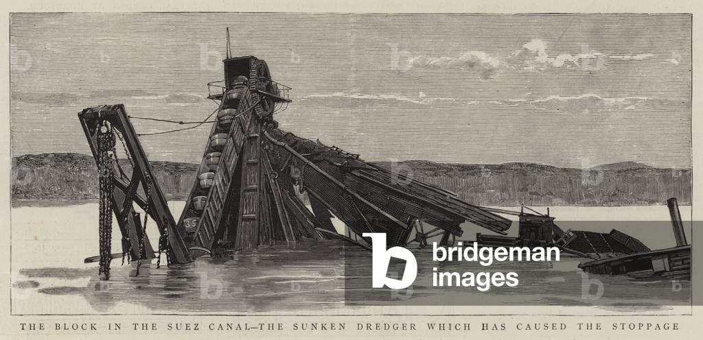The Block in the Suez Canal, the Sunken Dredger which has caused the Stoppage (engraving)