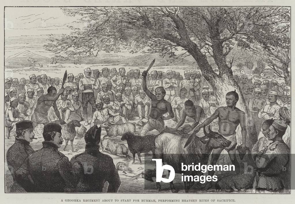 A Ghoorka Regiment about to start for Burmah, performing Heathen Rites of Sacrifice (engraving)