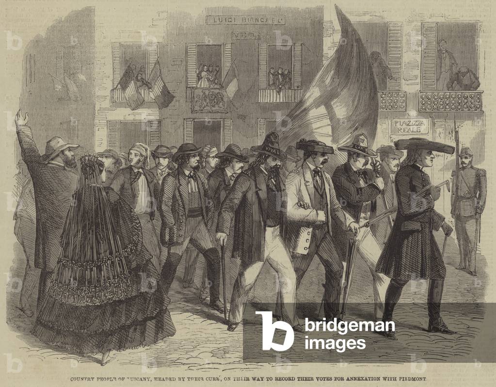 Country People of Tuscany, headed by their Cure, on their Way to record their Votes for Annexation with Piedmont (engraving)