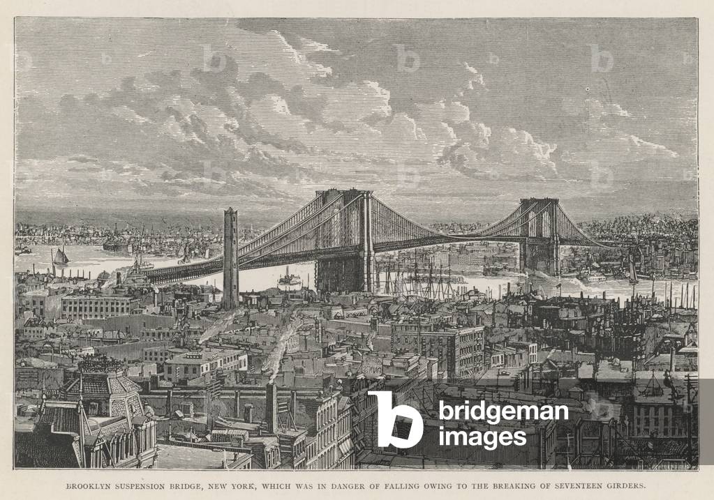 Brooklyn Suspension Bridge, New York, which was in Danger of Falling owing to the Breaking of Seventeen Girders (engraving)