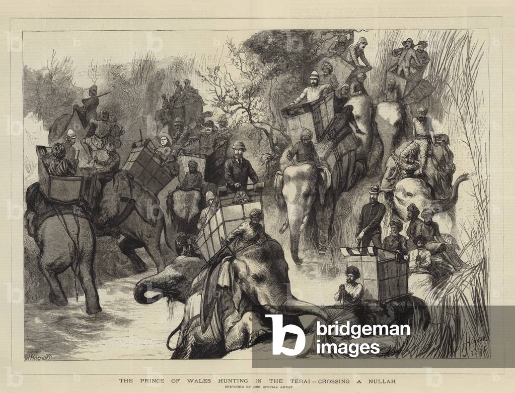 The Prince of Wales hunting in the Terai, crossing a Nullah (engraving)