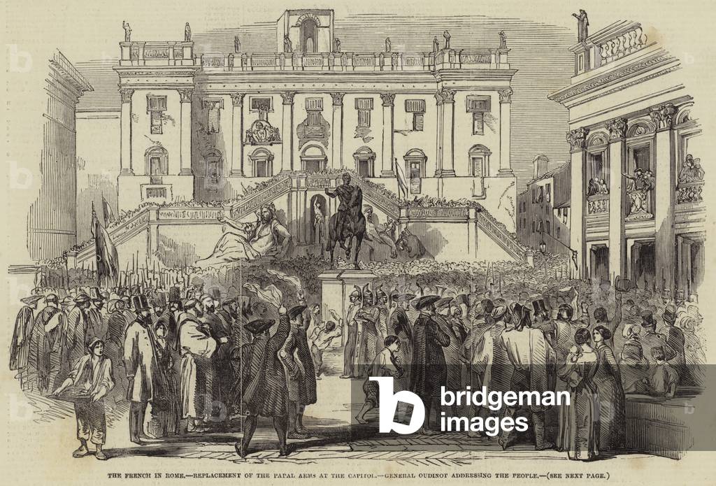 The French in Rome, Replacement of the Papal Arms at the Capitol, General Oudinot addressing the People (engraving)