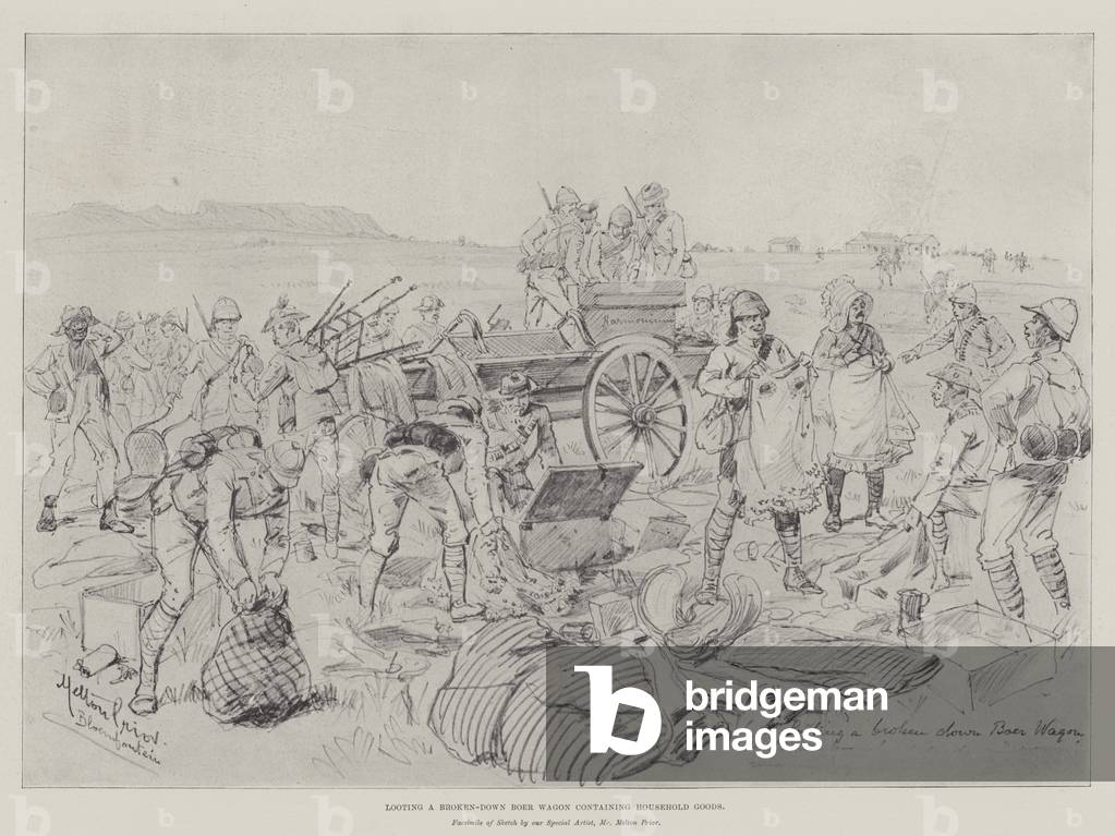 Looting a Broken-down Boer Wagon containing Household Goods (litho)