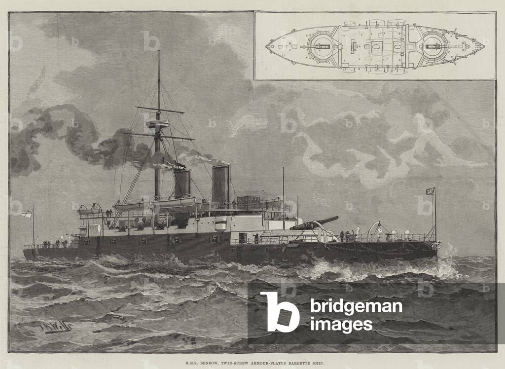 HMS Benbow, Twin-Screw Armour-Plated Barbette Ship (engraving)