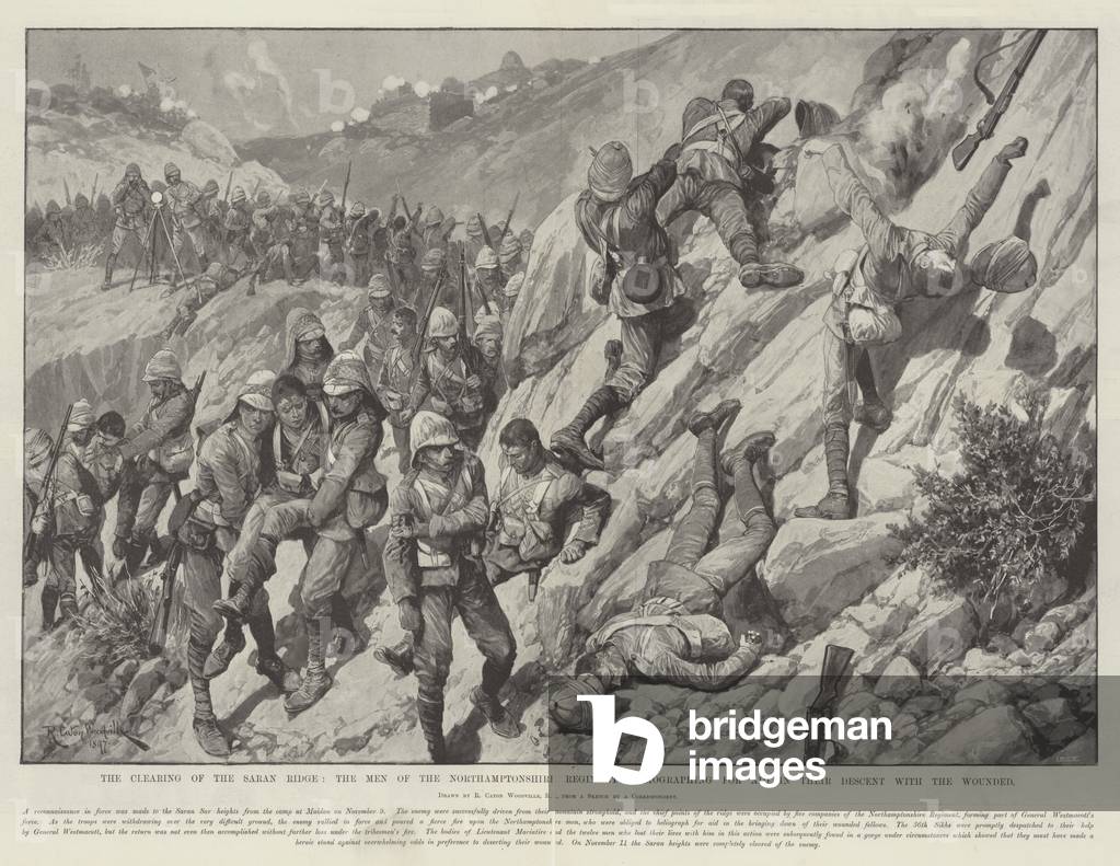 The Clearing of the Saran Ridge, the Men of the Northamptonshire Regiment heliographing for Aid in their Descent with the Wounded (litho)
