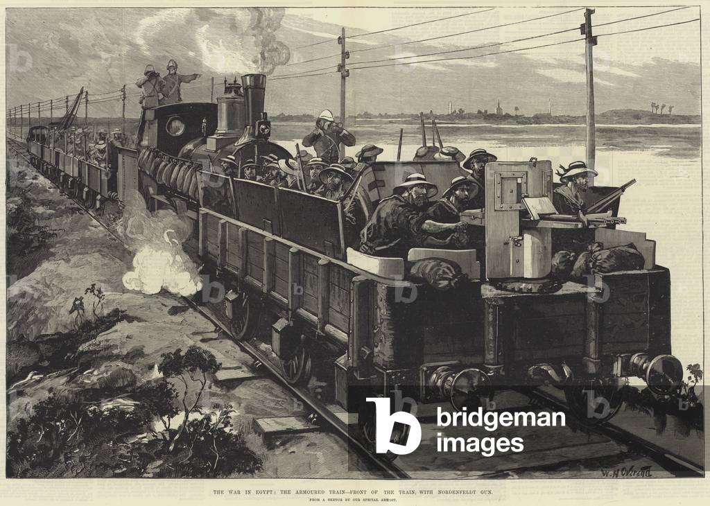 The War in Egypt, the Armoured Train, front of the Train, with Nordenfeldt Gun (engraving)