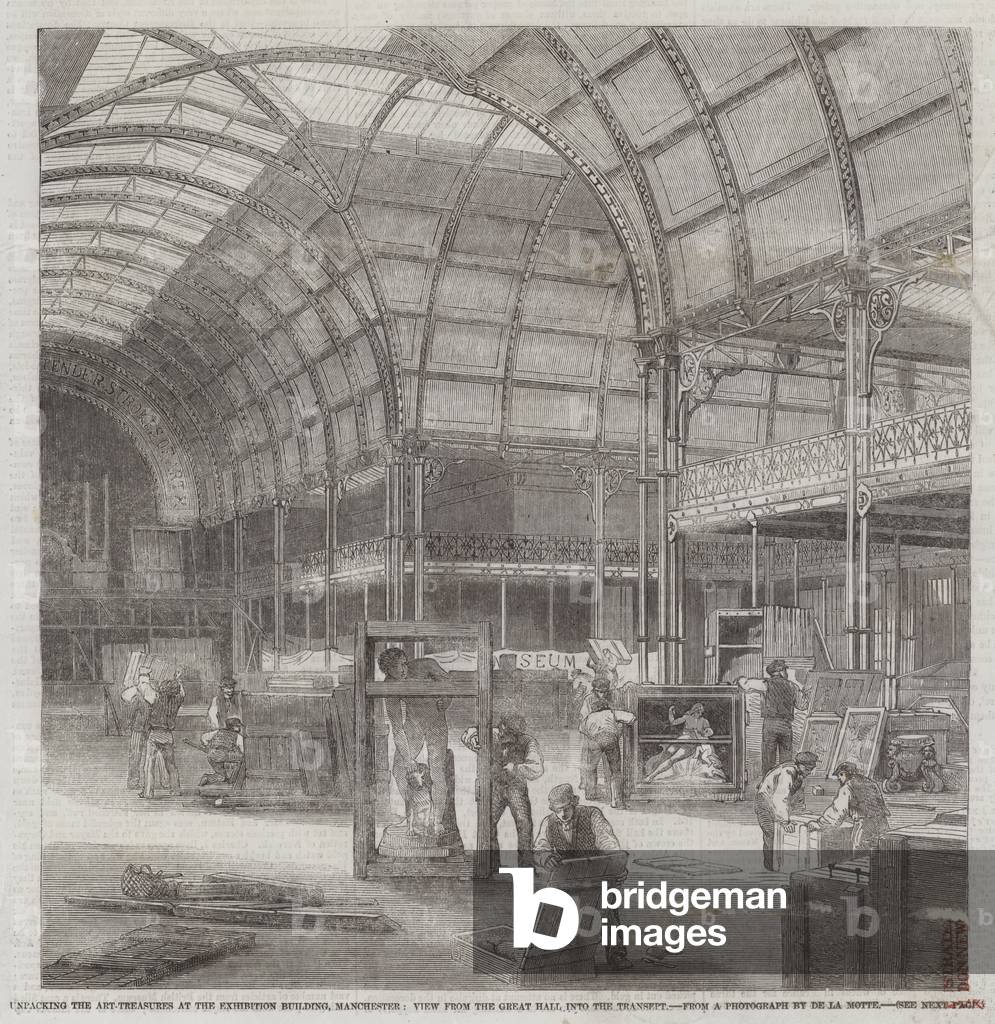 Unpacking the Art-Treasures at the Exhibition Building, Manchester, View from the Great Hall into the Transept (engraving)