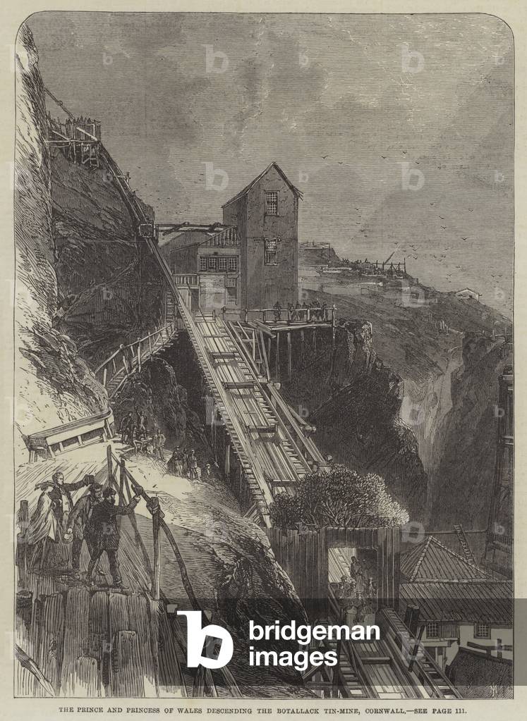 The Prince and Princess of Wales descending the Botallack Tin-Mine, Cornwall (engraving)