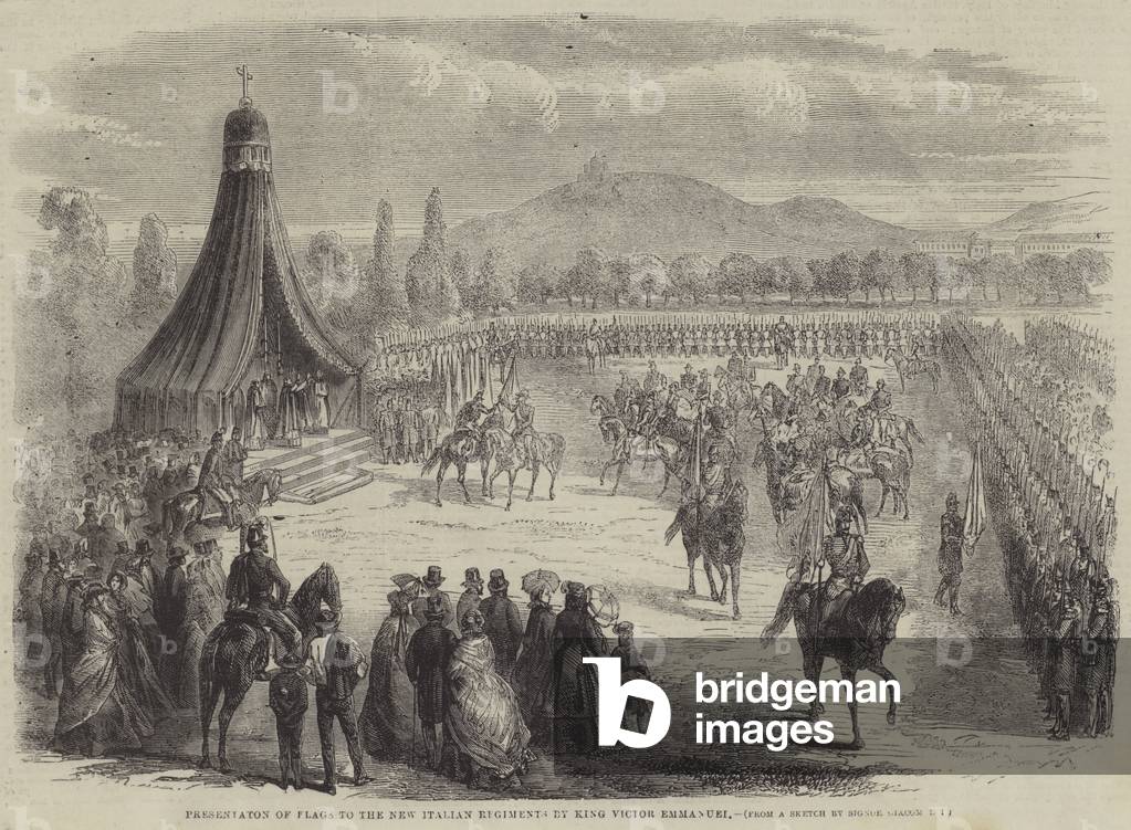 Presentation of Flags to the New Italian Regiments by King Victor Emmanuel (engraving)
