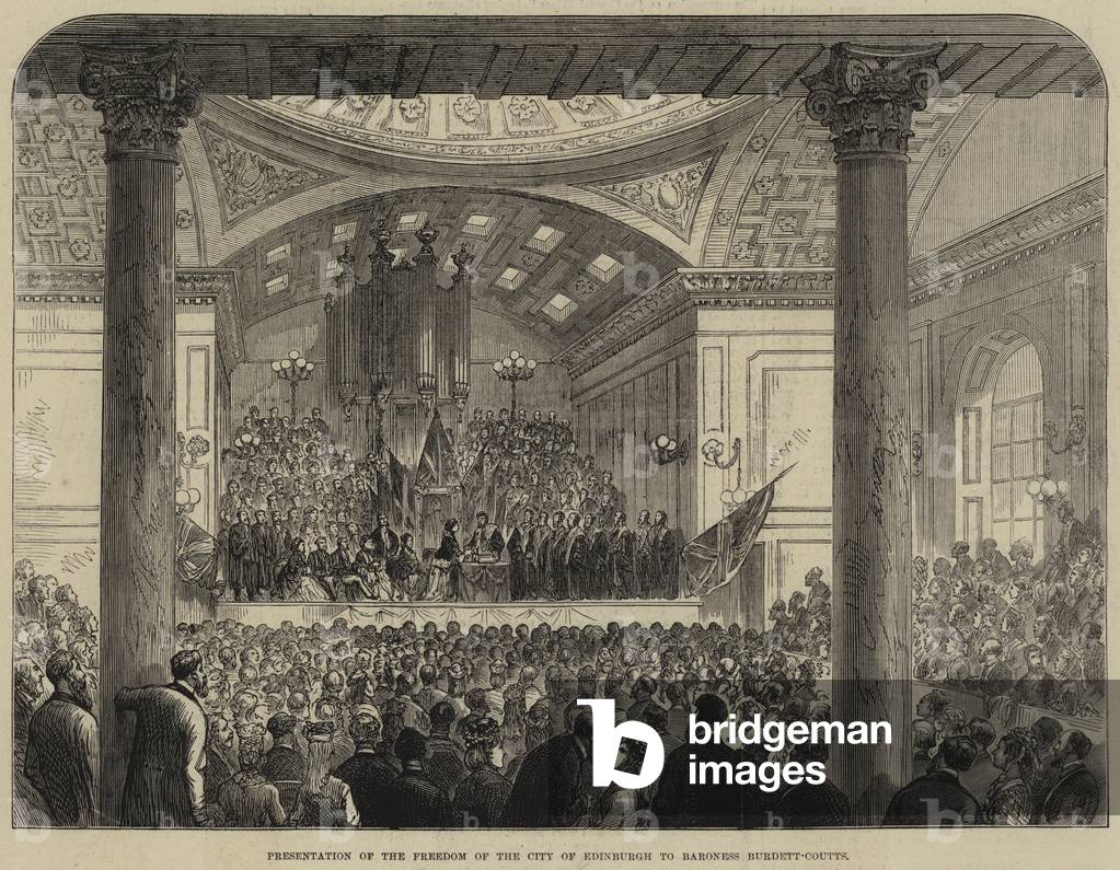 Presentation of the Freedom of the City of Edinburgh to Baroness Burdett-Coutts (engraving)
