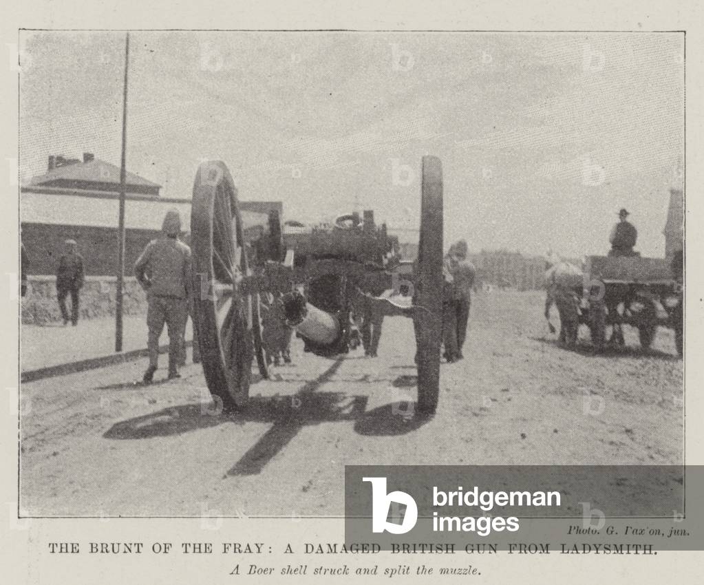 The Brunt of the Fray, a Damaged British Gun from Ladysmith (b/w photo)