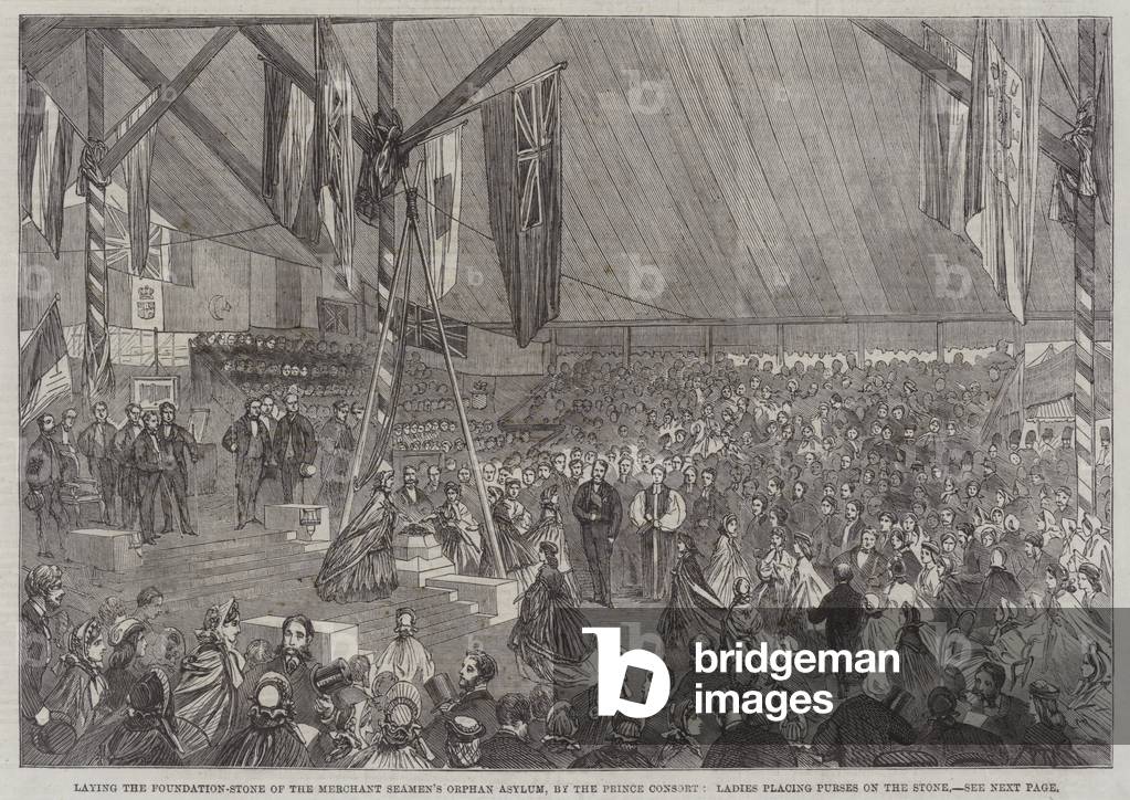 Laying the Foundation-Stone of the Merchant Seamen's Orphan Asylum, by the Prince Consort, Ladies placing Purses on the Stone (engraving)