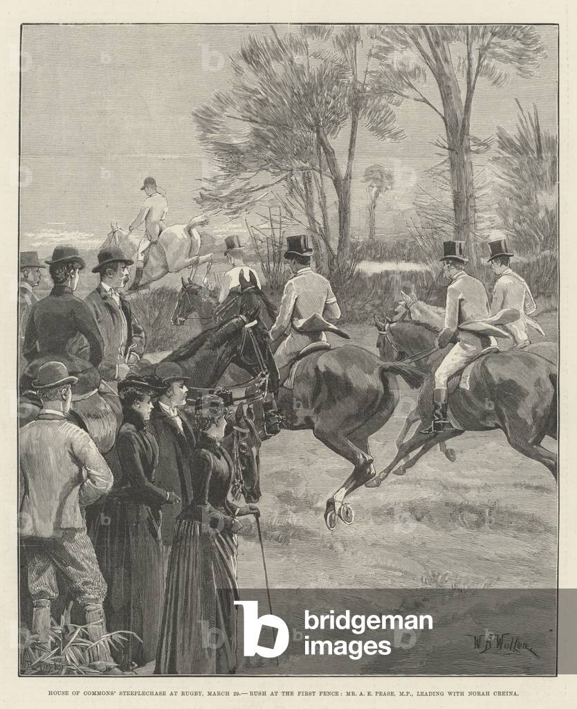 House of Commons' Steeplechase at Rugby, 29 March, Rush at the First Fence, Mr A E Pease, MP, leading with Norah Creina (engraving)