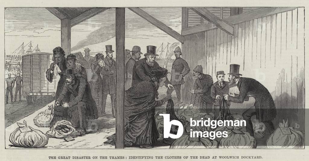 The Great Disaster on the Thames, identifying the Clothes of the Dead at Woolwich Dockyard (engraving)