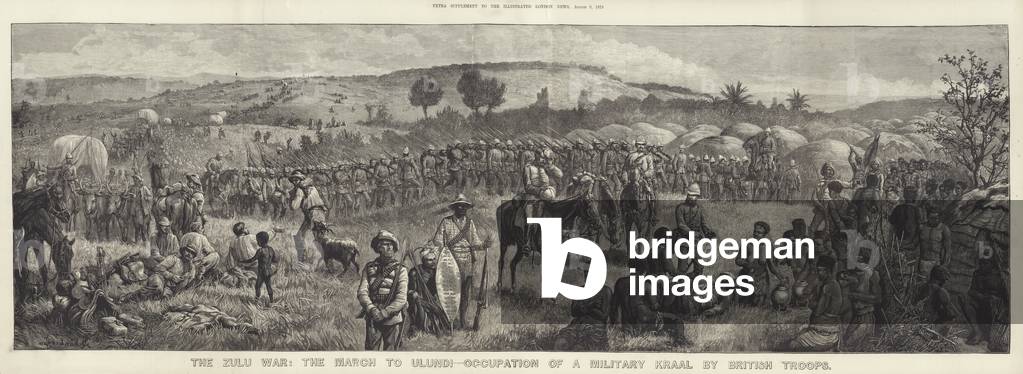 The Zulu War, the march to Ulundi, occupation of a military kraal by British troops (engraving)