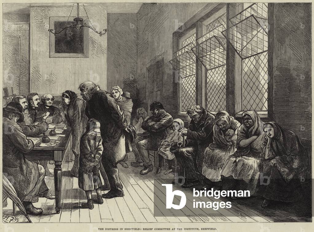 The Distress in Sheffield, Relief Committee at the Institute, Sheffield (engraving)