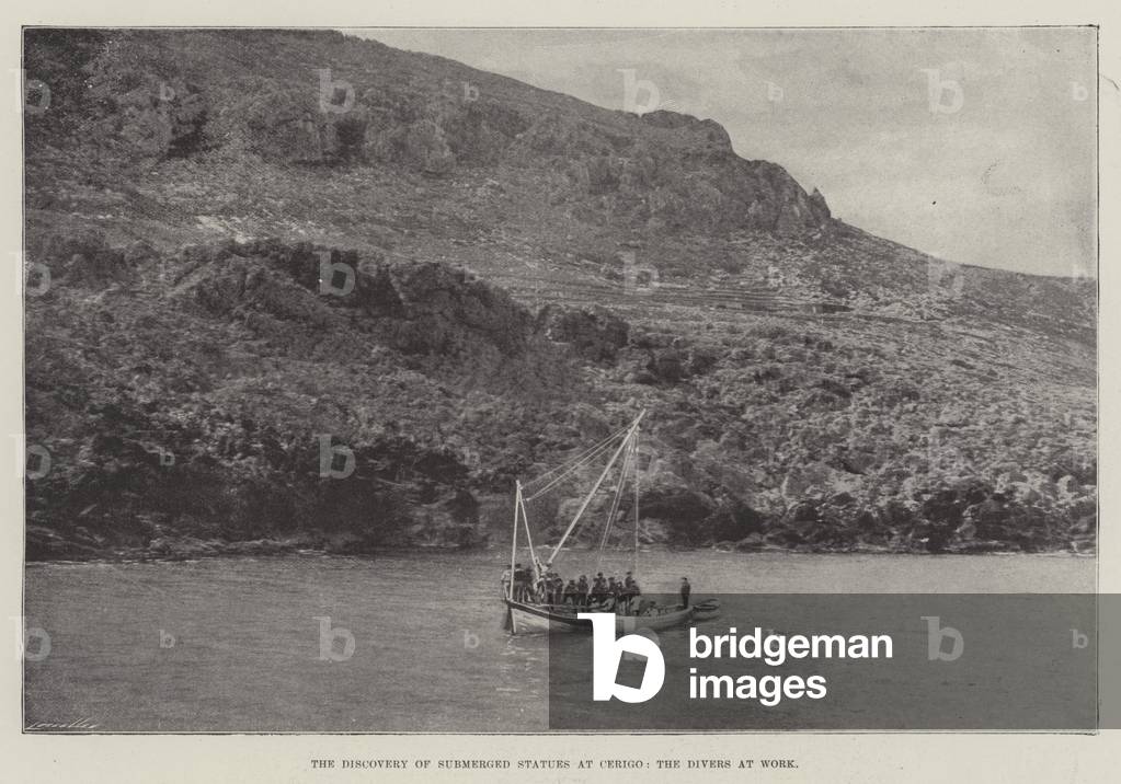 The Discovery of Submerged Statues at Cerigo, the Divers at Work (b/w photo)