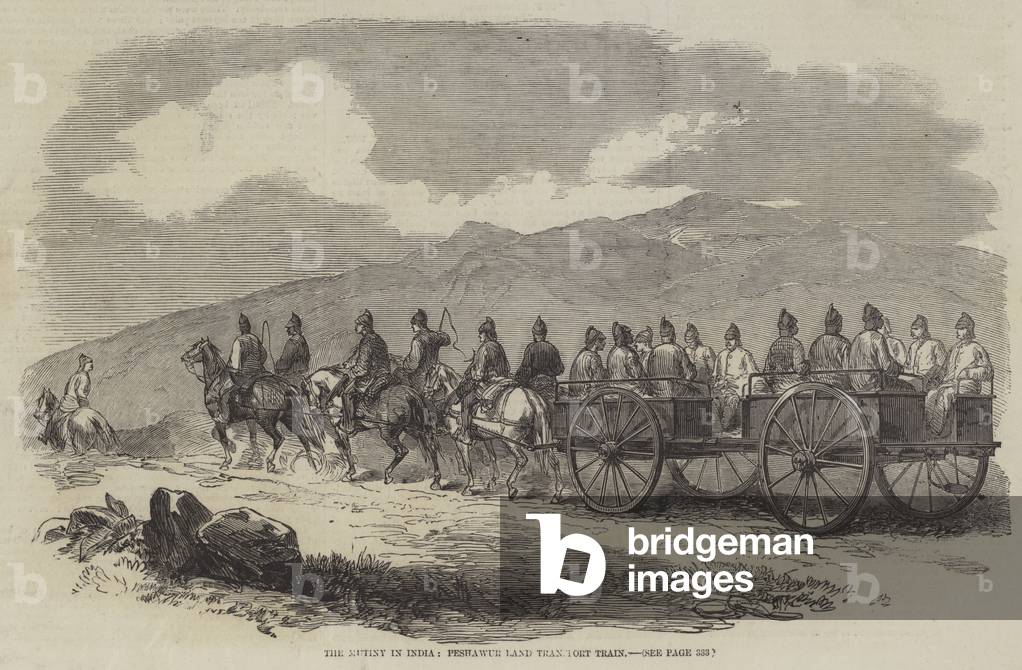 The Mutiny in India, Peshawur Land Transport Train (engraving)