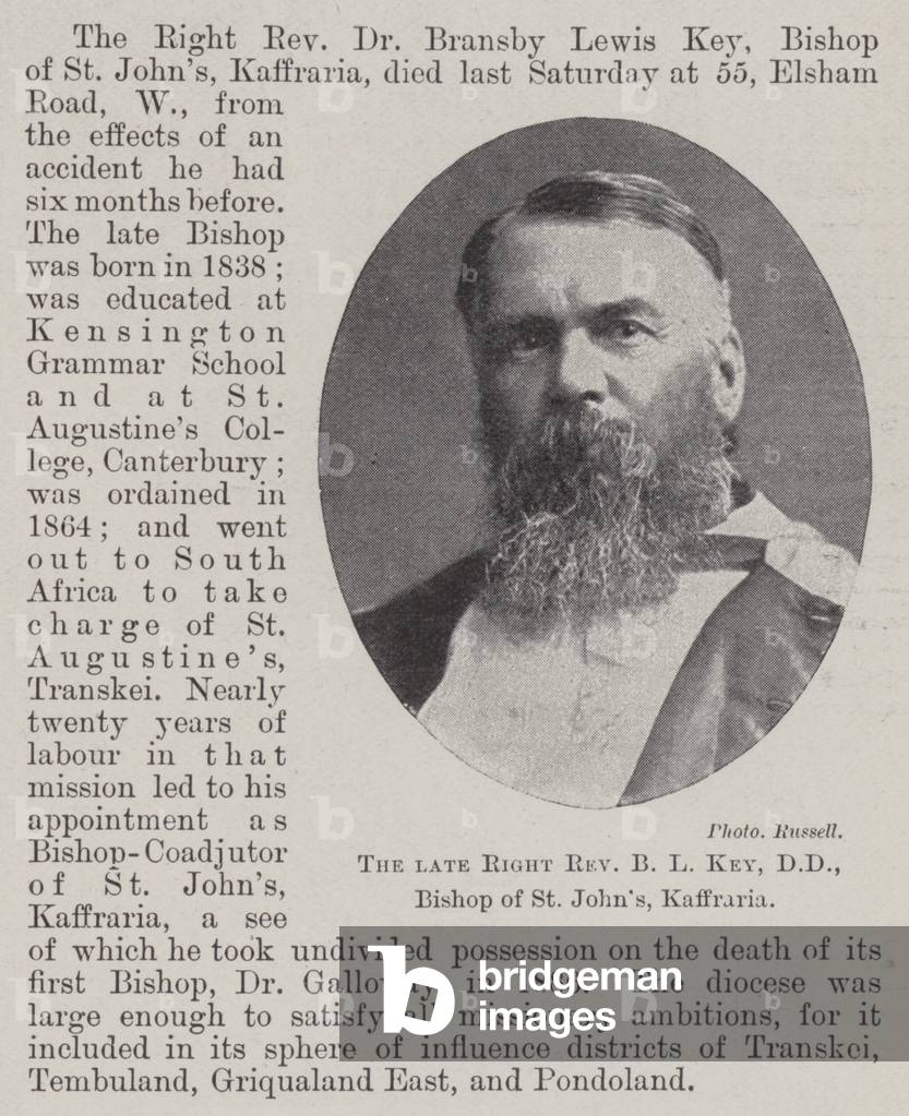 The late Right Reverend B L Key, DD, Bishop of St John's, Kaffraria (b/w photo)