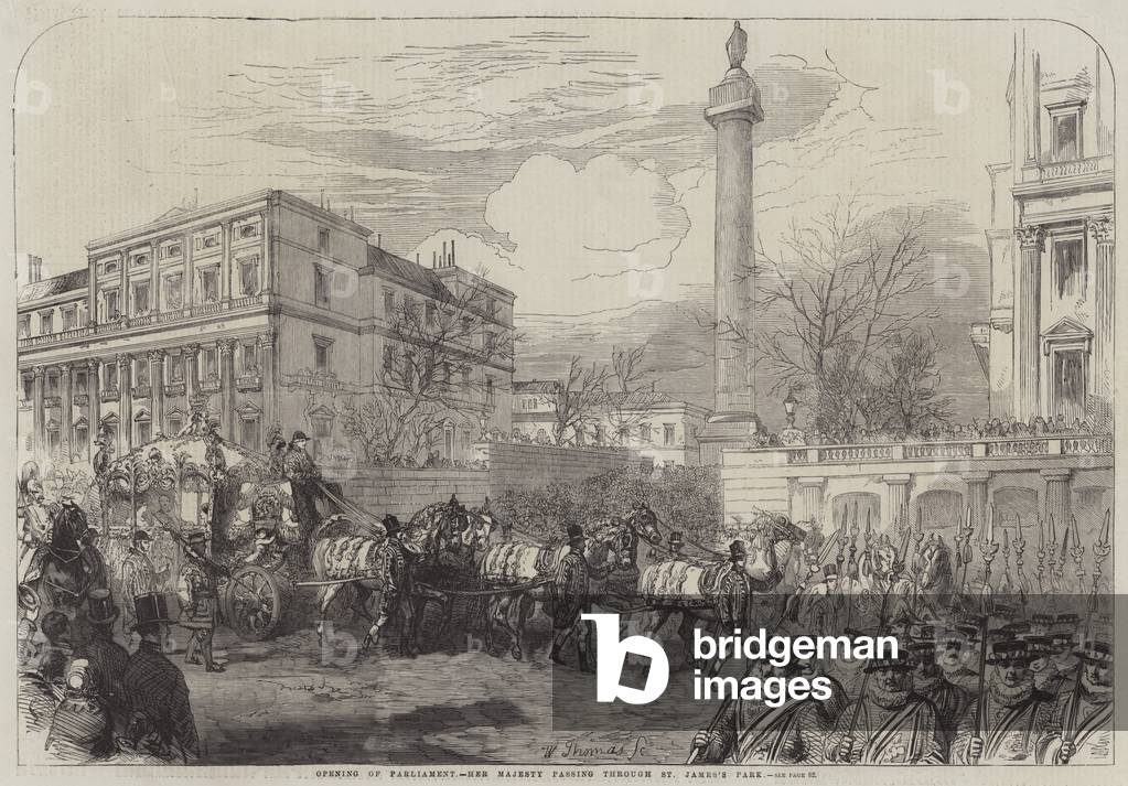 Opening of Parliament, Her Majesty passing through St James's Park (engraving)