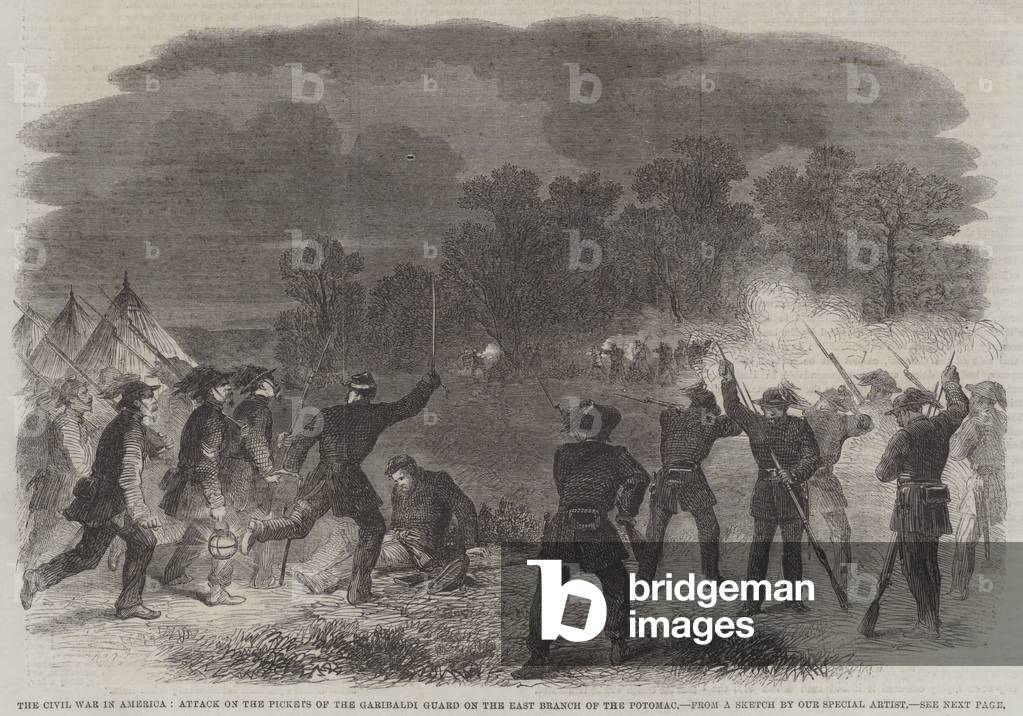 The Civil War in America, Attack on the Pickets of the Garibaldi Guard on the East Branch of the Potomac (engraving)