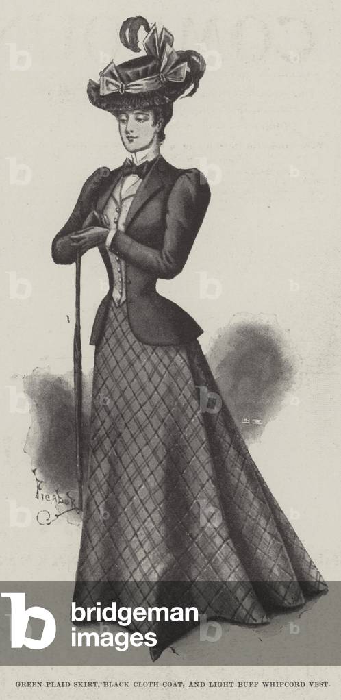Green Plaid Skirt, Black Cloth Coat, and Light Buff Whipcord Vest (litho)