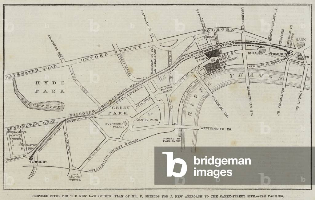 Proposed Sites for the New Law Courts, Plan of Mr F Shields for a New Approach to the Carey-Street Site (engraving)