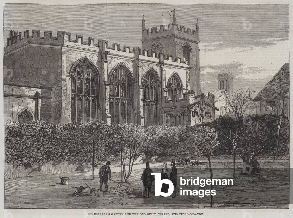 Shakespeare's Garden and Old Guild Chapel, Stratford-on-Avon (engraving)
