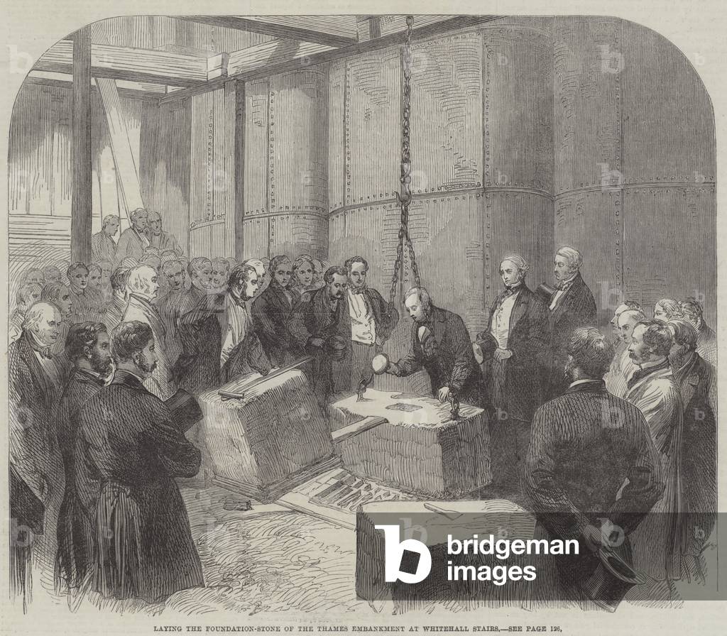 Laying the Foundation-Stone of the Thames Embankment at Whitehall Stairs (engraving)