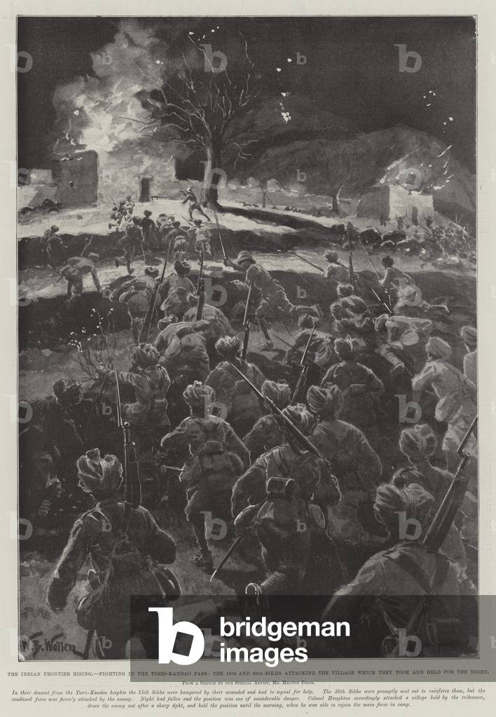 The Indian Frontier Rising, Fighting in the Tseri-Kandao Pass, the 15th and 36th Sikhs attacking the Village which they took and held for the Night (litho)
