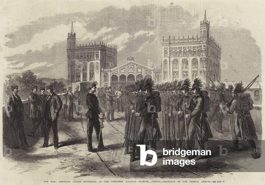 The War, Austrian Jagers mustering at the Northern Railway Station, Vienna (engraving)