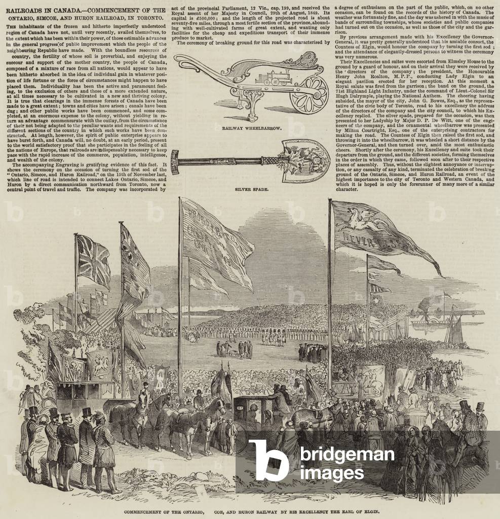 Railroads in Canada, Commencement of the Ontario, Simcoe, and Huron Railroad, in Toronto (engraving)
