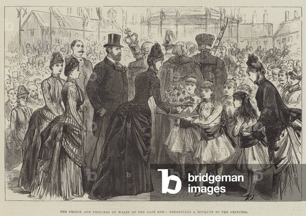 The Prince and Princess of Wales at the East End, presenting a Bouquet to the Princess (engraving)