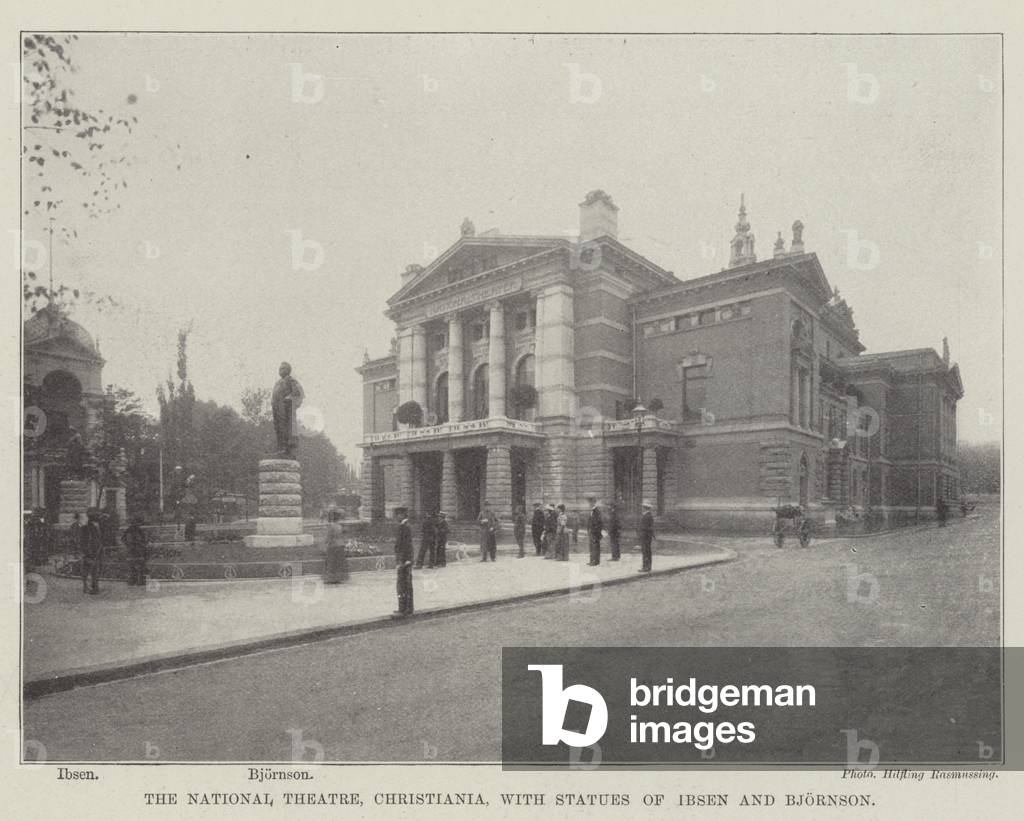 The National Theatre, Christiania, with Statues of Ibsen and Bjornson (b/w photo)