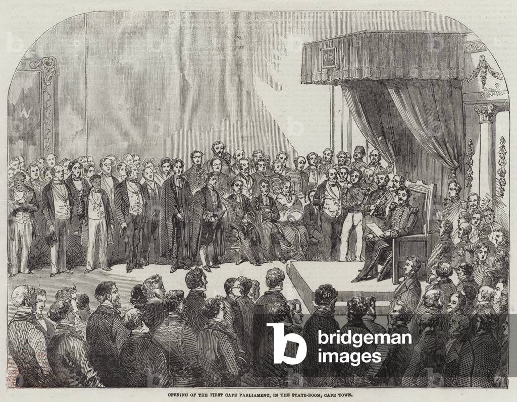 Opening of the First Cape Parliament, in the State-Room, Cape Town (engraving)