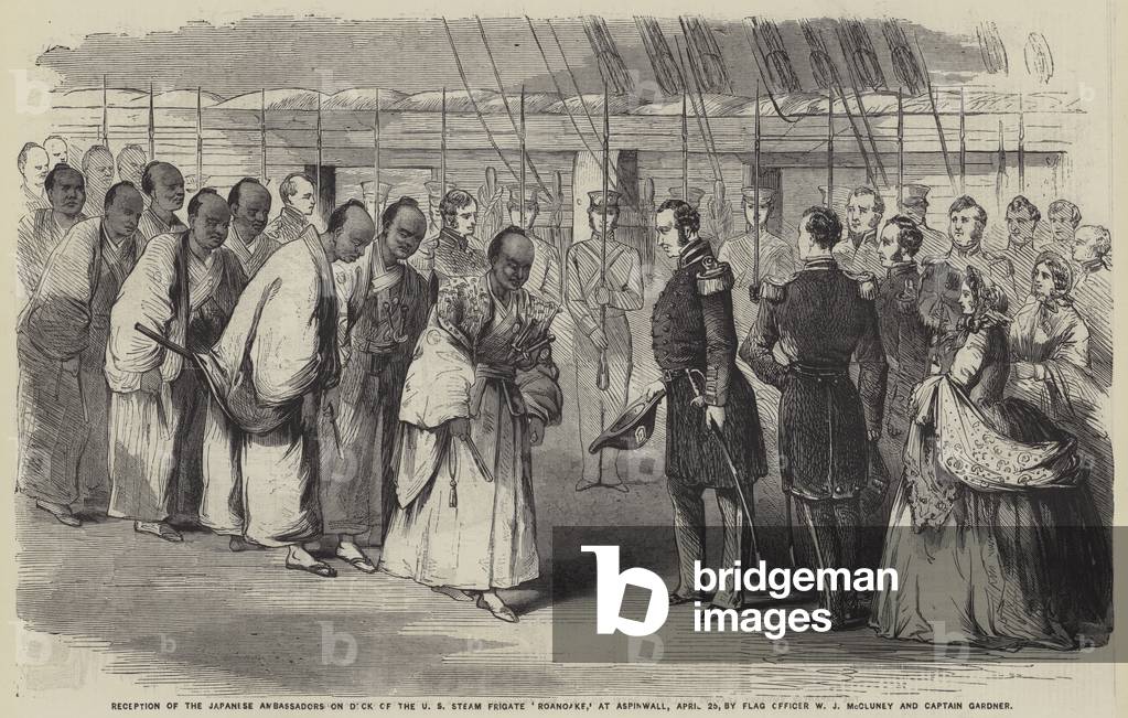 Reception of the Japanese Ambassadors on Dick of the U S Steam Frigate 'Roanoake,' at Aspinwall, April 25, by Flag Officer W J McCluney and Captain Gardner (engraving)
