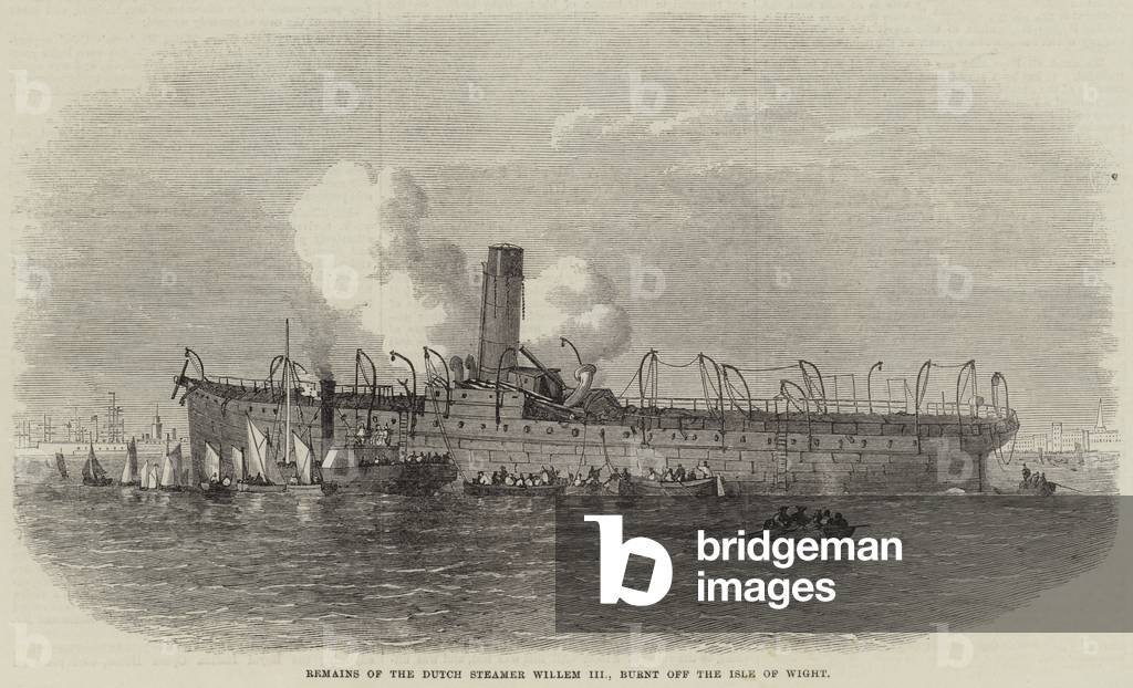 Remains of the Dutch Steamer Willem III, burnt off the Isle of Wight (engraving)
