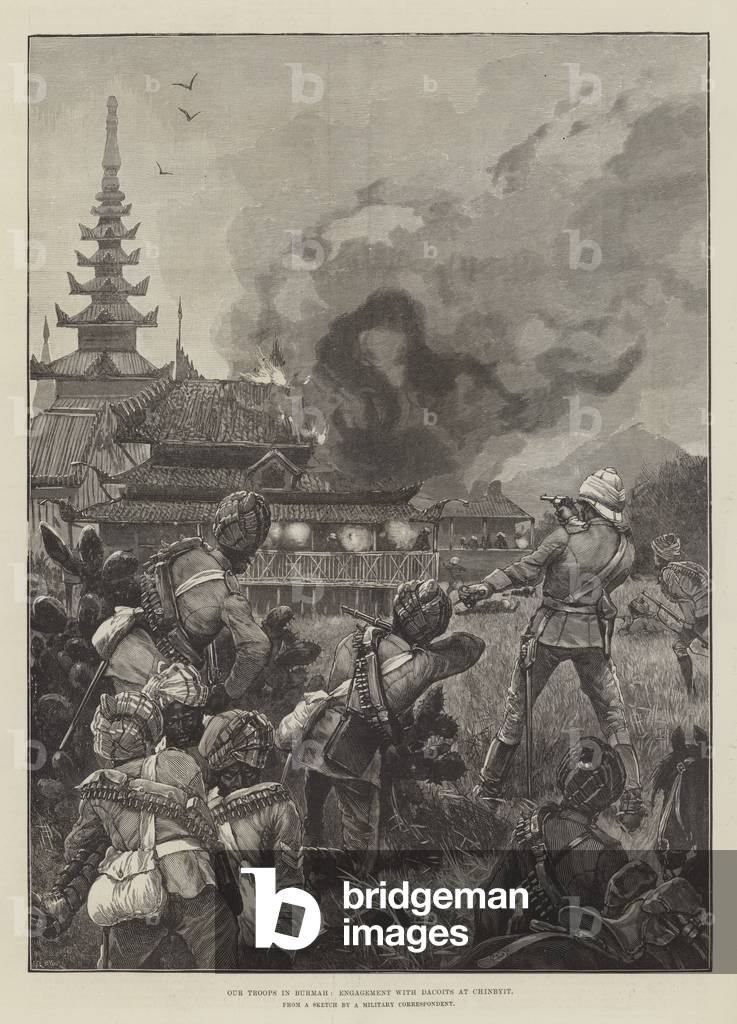 Our Troops in Burmah, Engagement with Dacoits at Chinbyit (engraving)
