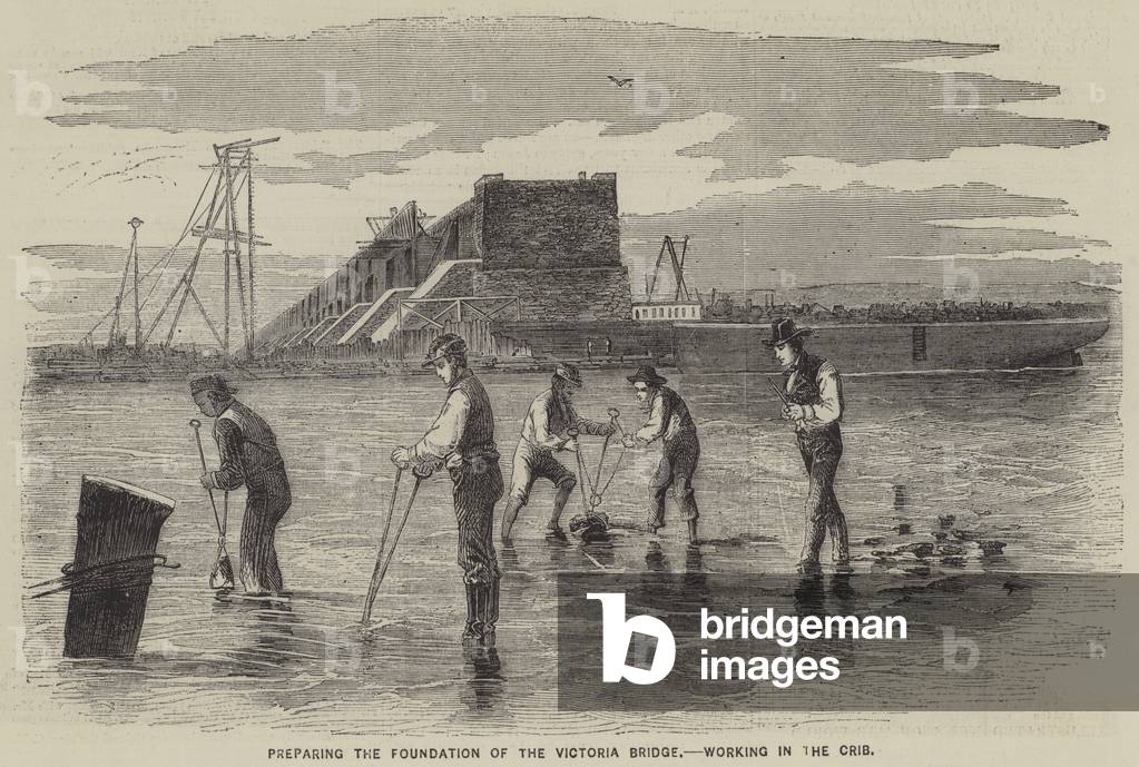 Preparing the Foundation of the Victoria Bridge, Working in the Crib (engraving)