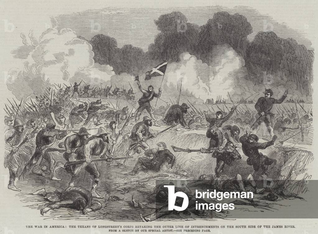 The War in America, the Texans of Longstreet's Corps retaking the Outer Line of Intrenchments on the South Side of the James River (engraving)
