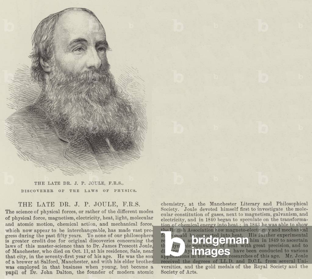 The late Dr J P Joule, FRS, Discoverer of the Laws of Physics (engraving)