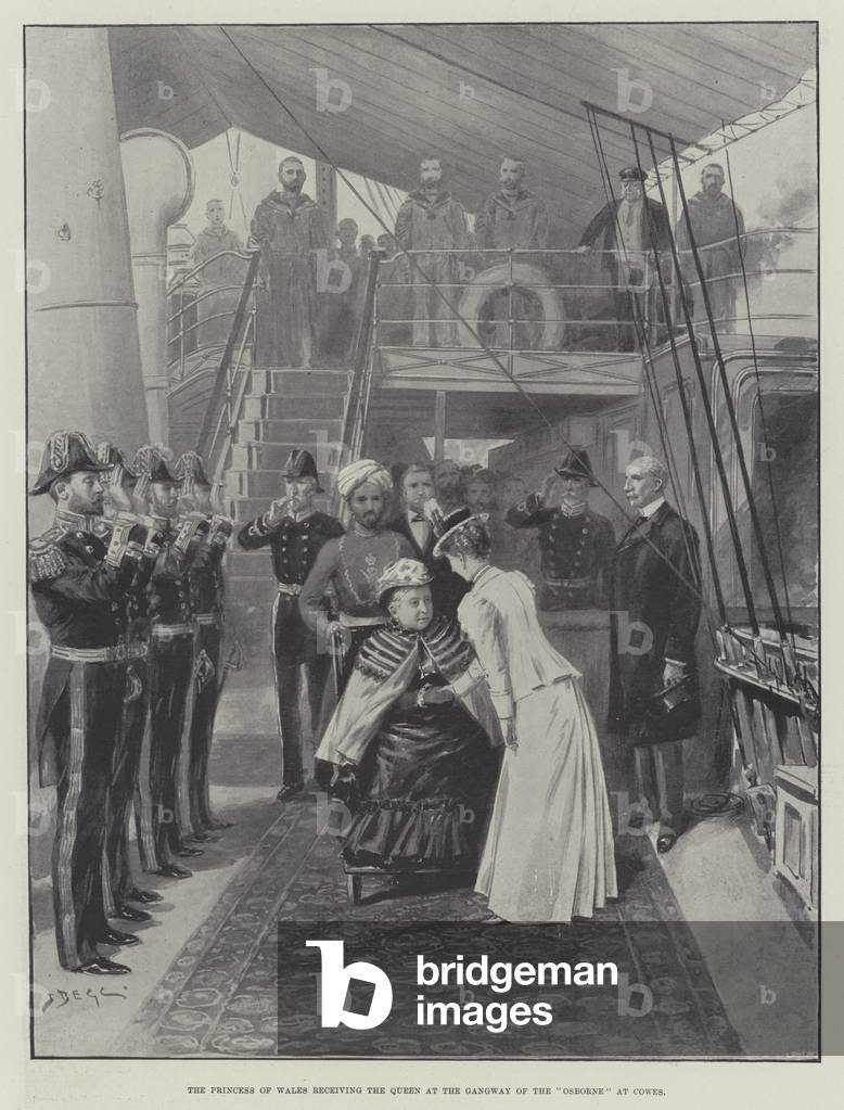 The Princess of Wales receiving the Queen at the Gangway of the 
