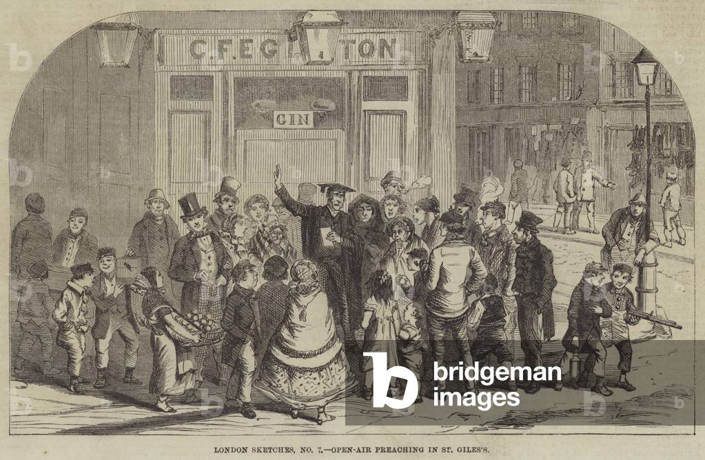 London Sketches, Open-Air Preaching in St Giles's (engraving)