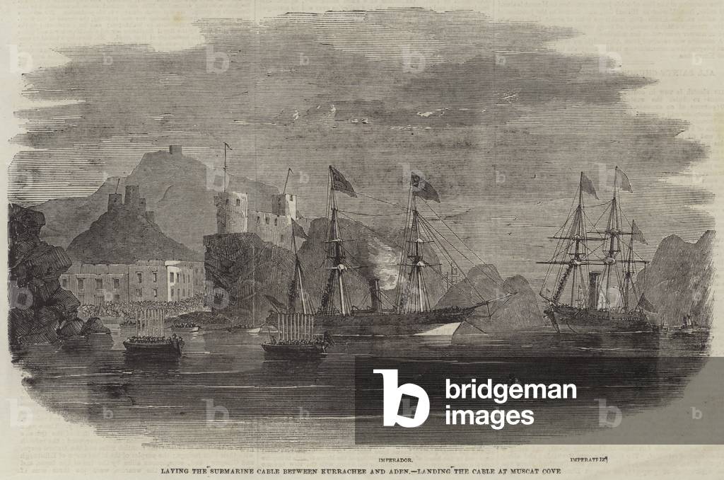 Laying the Submarine Cable between Kurrachee and Aden, landing the Cable at Muscat Cove (engraving)