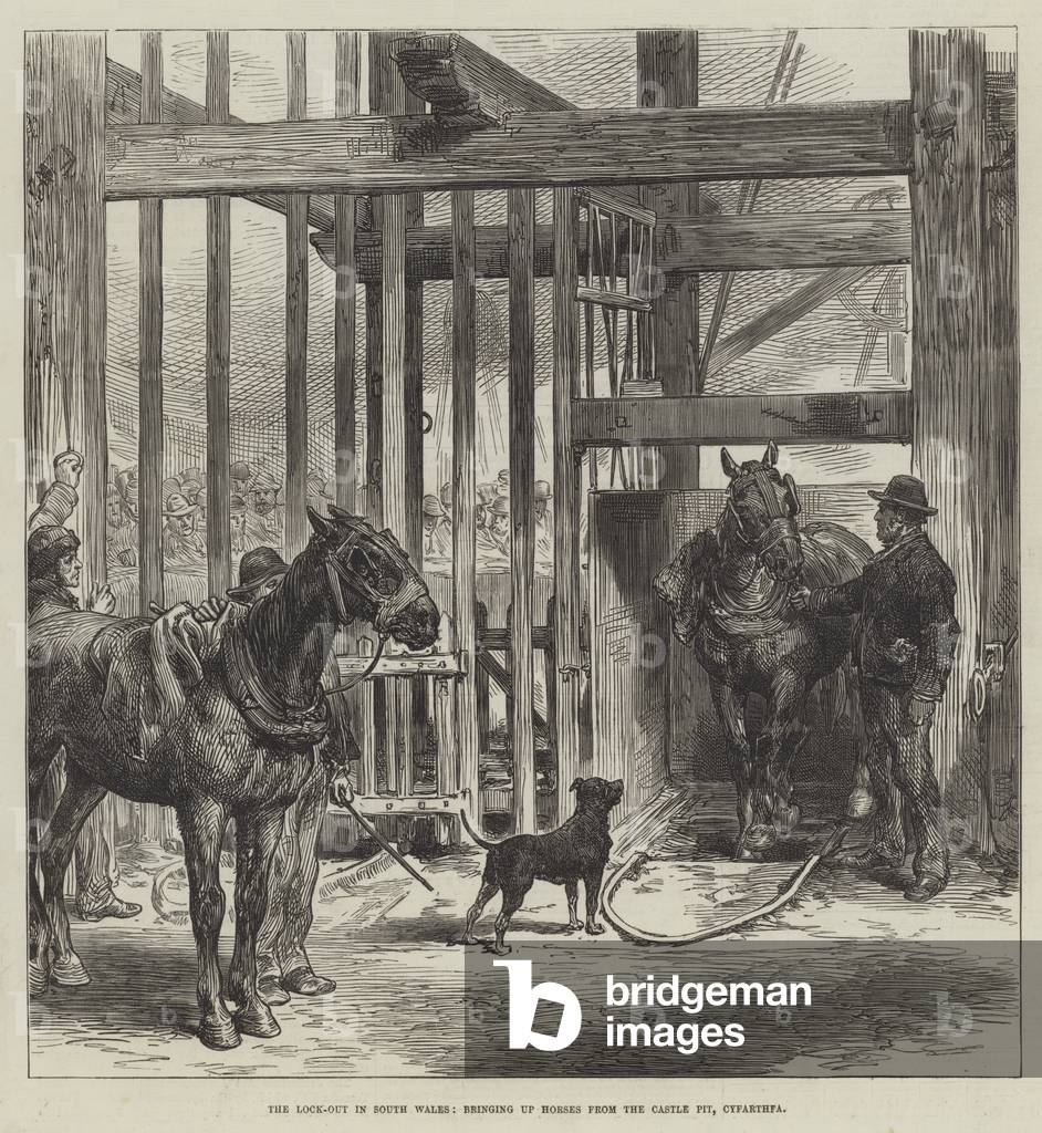 The Lock-Out in South Wales, bringing up Horses from the Castle Pit, Cyfarthfa (engraving)