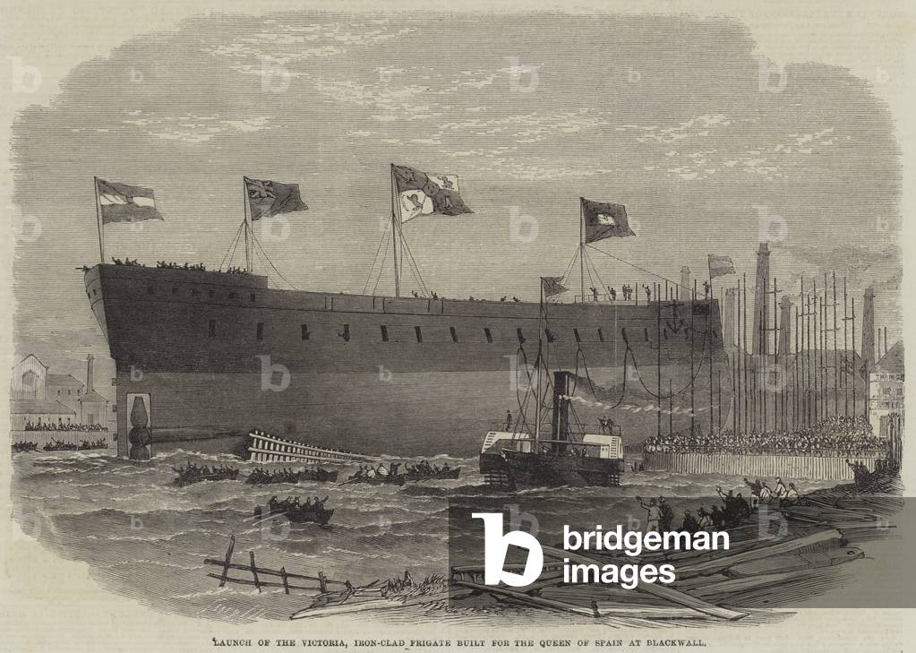 Launch of the Victoria, Iron-Clad Frigate built for the Queen of Spain at Blackwall (engraving)