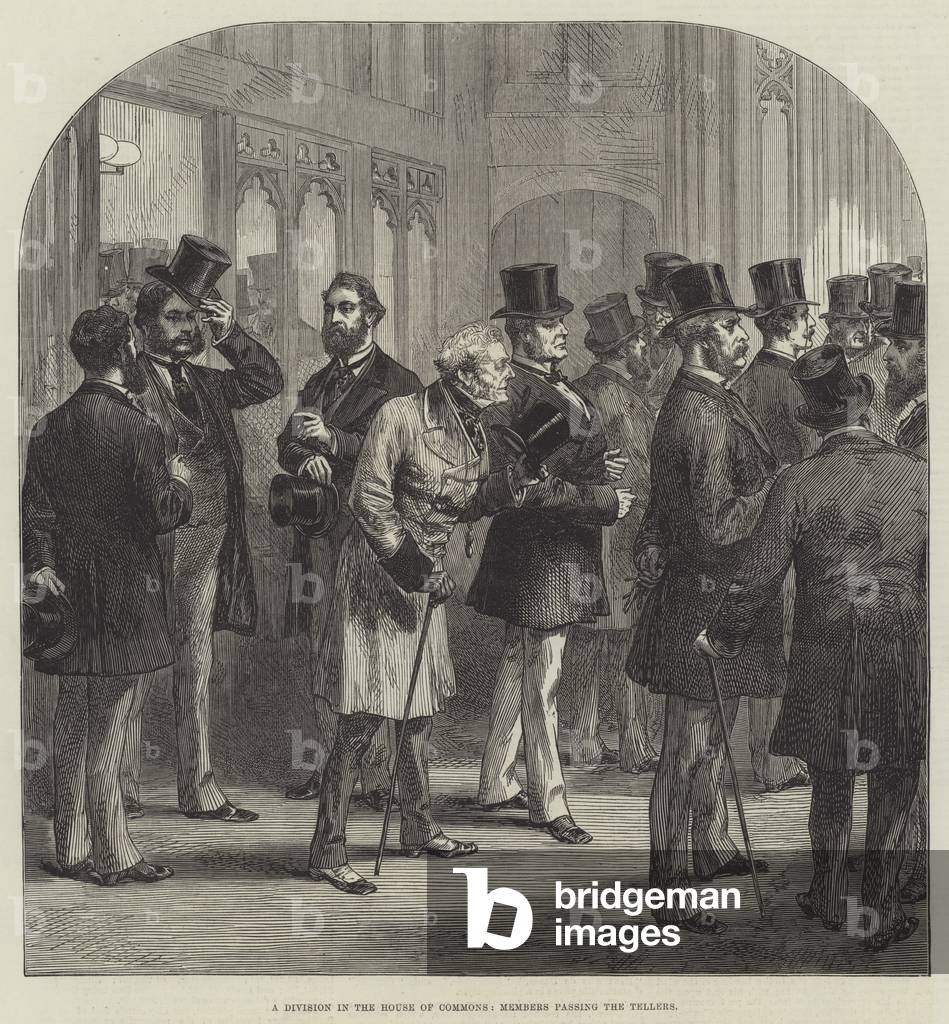 A Division in the House of Commons, Members passing the Tellers (engraving)