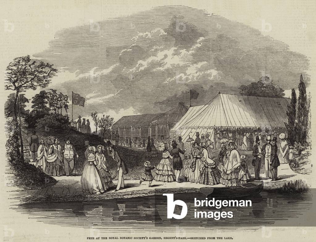 Fete at the Royal Botanic Society's Garden, Regent's Park, sketched from the Lake (engraving)