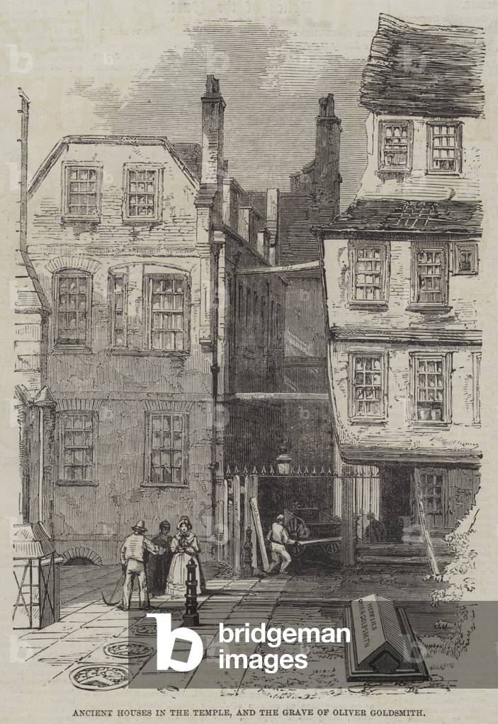 Ancient Houses in the Temple, and the Grave of Oliver Goldsmith (engraving)